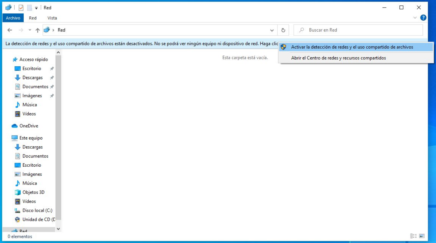 Imagen de Windows 10 con el explorador de archivos abiertos, en la sección de red activando la detección de redes y el uso compartido